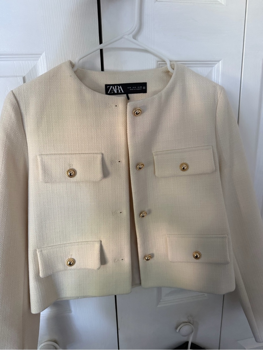 ZARA Cream Textured Cropped Blazer with Gold Buttons